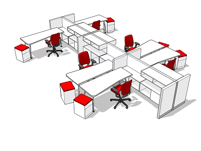 Modern Office Desks With Red Chairs White Partitions And Cabinets 3d model