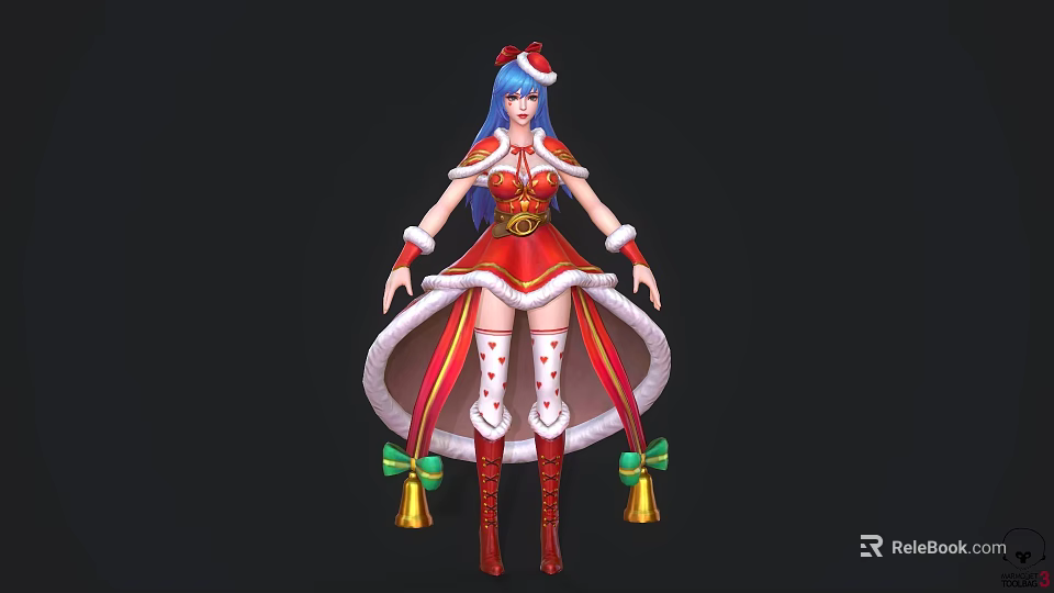 Blue Haired Game And Movie Character In Red Christmas Costume With Santa Hat Green Bells 3d model 