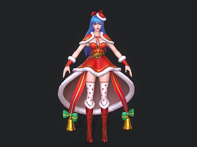 Blue Haired Game And Movie Character In Red Christmas Costume With Santa Hat Green Bells 3d model