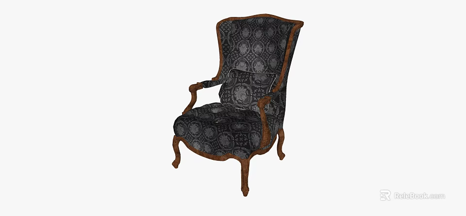 Classic Single Sofa With Patterned Fabric Wooden Armrests And Carved Legs 3d model 