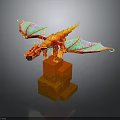 Detailed Orange Dragon Sculpture with Colorful Wings Standing on Orange Pedestal