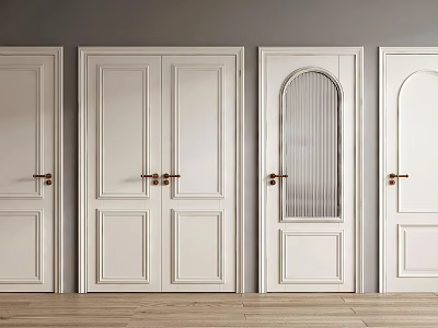 White Swing Doors With Various Designs In Interior On Wooden Floor And Gray Background 3d model