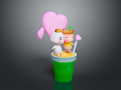 Yellow Cream Dessert in Green Cup with Cartoon Characters and Pink Hearts 3d model