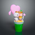Yellow Cream Dessert in Green Cup with Cartoon Characters and Pink Hearts