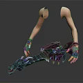 Character Arm With Green Gloves Interacting With Blue Spiked Creature On Dark Background 3d model