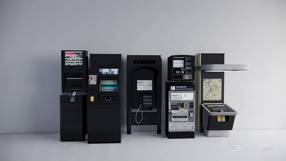 Public Self Service Terminals Multiple Black Devices With Information Display And Map Interface 3d model 