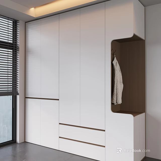 Functional Modern Minimalist White Wardrobe With Recessed Hanging Nook And Warm Wood Decorative Details 3d model 