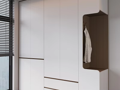 Functional Modern Minimalist White Wardrobe With Recessed Hanging Nook And Warm Wood Decorative Details 3d model