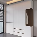Functional Modern Minimalist White Wardrobe With Recessed Hanging Nook And Warm Wood Decorative Details