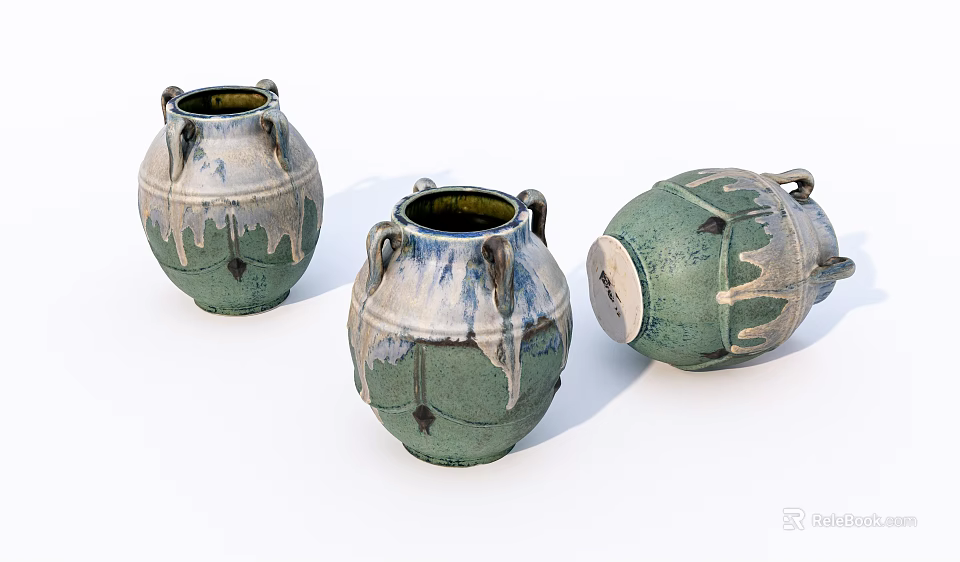 Ceramic Vases With Dripping Glaze Design Green Blue Color And Decorative Handles 3d model 