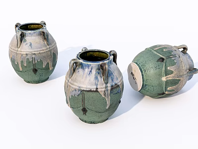Ceramic Vases With Dripping Glaze Design Green Blue Color And Decorative Handles 3d model