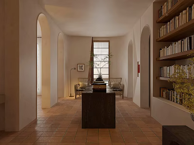 Elegant Living Room Interior With Arched Doorways Bookshelves And Central Table 3d model