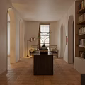 Elegant Living Room Interior With Arched Doorways Bookshelves And Central Table