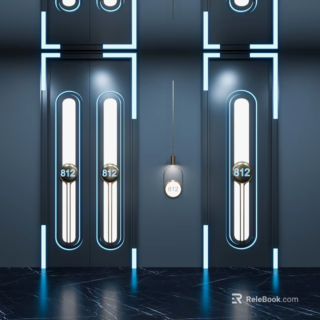 Double Doors With Number 812 Blue Neon Lighting On Dark Walls And Hanging Lamp 3d model 