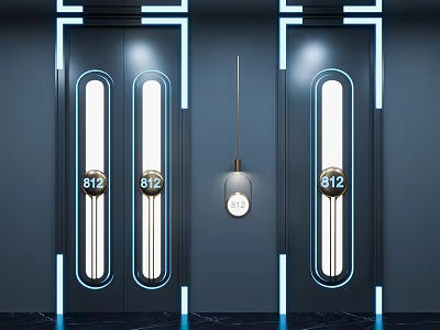 Double Doors With Number 812 Blue Neon Lighting On Dark Walls And Hanging Lamp 3d model