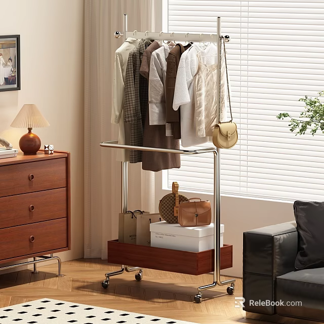 Wheeled Clothes Rack With Hanging Clothes Bags And Storage Boxes In Living Room 3d model 