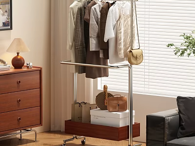 Wheeled Clothes Rack With Hanging Clothes Bags And Storage Boxes In Living Room 3d model