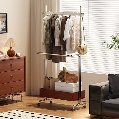 Wheeled Clothes Rack With Hanging Clothes Bags And Storage Boxes In Living Room 3d model