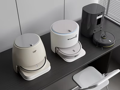 Smart Machines Including Robotic Vacuum Coffee Maker And Charging Base On Black Tabletop 3d model