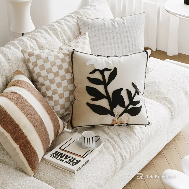 Cozy Decorative Pillows with Striped Checkered and Leaf Patterns on Sofa 3d model 