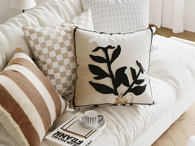 Cozy Decorative Pillows with Striped Checkered and Leaf Patterns on Sofa 3d model