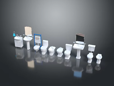 Bathroom Living Essentials Display Featuring Multiple Toilets Sinks Mirrors and Accessories 3d model