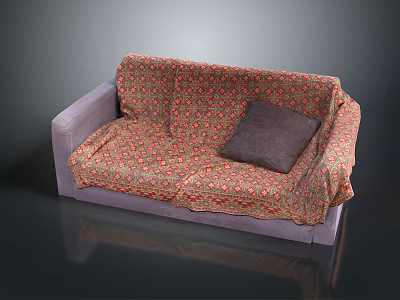 Comfortable Purple Multi-seat Sofa With Red Floral Pattern Cover And Dark Gray Cushion 3d model