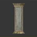 Detailed Ancient Stone Column Sculpture With Carved Inscriptions And Decorative Base