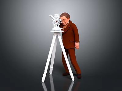 3D Model of Brown Suit Figure Standing By White Tripod With Device 3d model