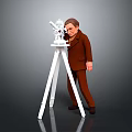 3D Model of Brown Suit Figure Standing By White Tripod With Device