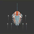 3D Rendering of Futuristic Spaceship With Small Drones Flying in Dark Background