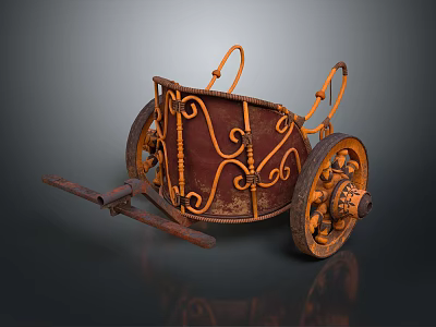 Antique Decorative Cart With Rusty Metal Frame And Ornate Scroll Wheels 3d model