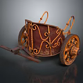 Antique Decorative Cart With Rusty Metal Frame And Ornate Scroll Wheels
