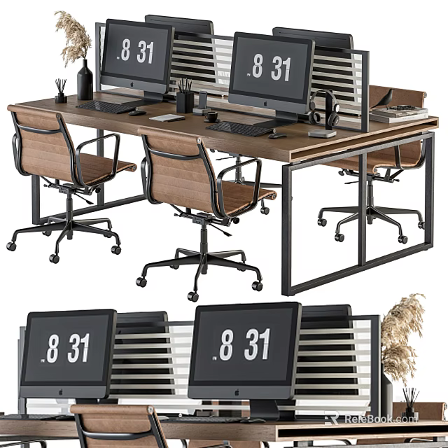 Modern Office Desk Workspace With Ergonomic Chairs Multiple Monitors And Time 3d model