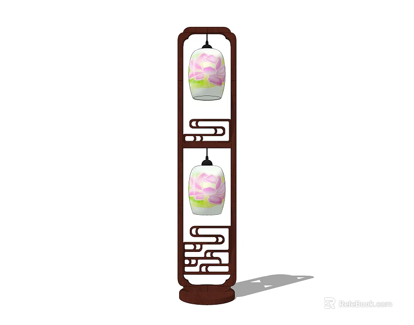 Unique-shaped Floor Lamp with Two Pink and Green Lantern-shaped Shades and Brown Chinese-style Hollow Frame 3d model 