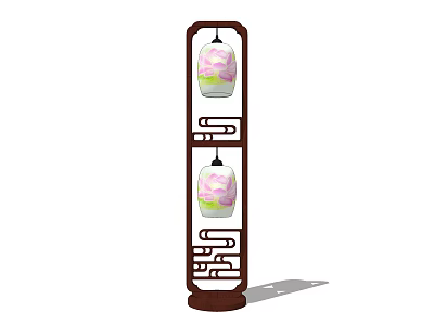 Unique-shaped Floor Lamp with Two Pink and Green Lantern-shaped Shades and Brown Chinese-style Hollow Frame 3d model