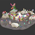 Cartoon Scene With Windmill Ice Cream Shaped Buildings Snowy Ground And Path