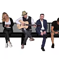 Group of People on Bench Engaging in Activities Like Guitar Phone and Reading