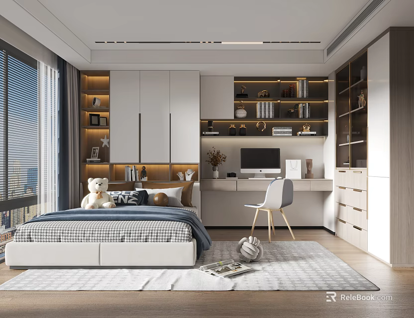 Tatami Bedroom Interior With Comfortable Bed Study Desk Open Shelves And Large Window 3d model 
