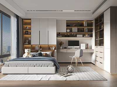 Tatami Bedroom Interior With Comfortable Bed Study Desk Open Shelves And Large Window 3d model