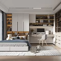 Tatami Bedroom Interior With Comfortable Bed Study Desk Open Shelves And Large Window