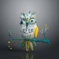 Flying Animal Artistic Decorative Owl Perched On Teal Branch With Yellow Accents Feathers And Leaves