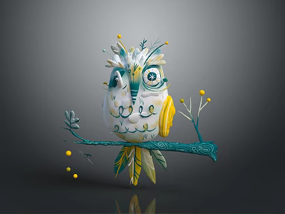 Flying Animal Artistic Decorative Owl Perched On Teal Branch With Yellow Accents Feathers And Leaves 3d model