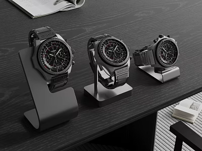 Three Stylish Luxury Wristwatches On Display Stands Over Dark Desk 3d model