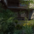 Traditional Chinese Garden Landscape With Wooden Architecture Green Plants Palm Leaves And Yellow Flowers
