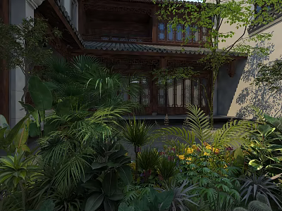 Traditional Chinese Garden Landscape With Wooden Architecture Green Plants Palm Leaves And Yellow Flowers 3d model