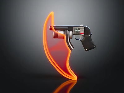 Black Modern Pistol With Orange Curved Neon Light Effect And Dark Background Reflection 3d model