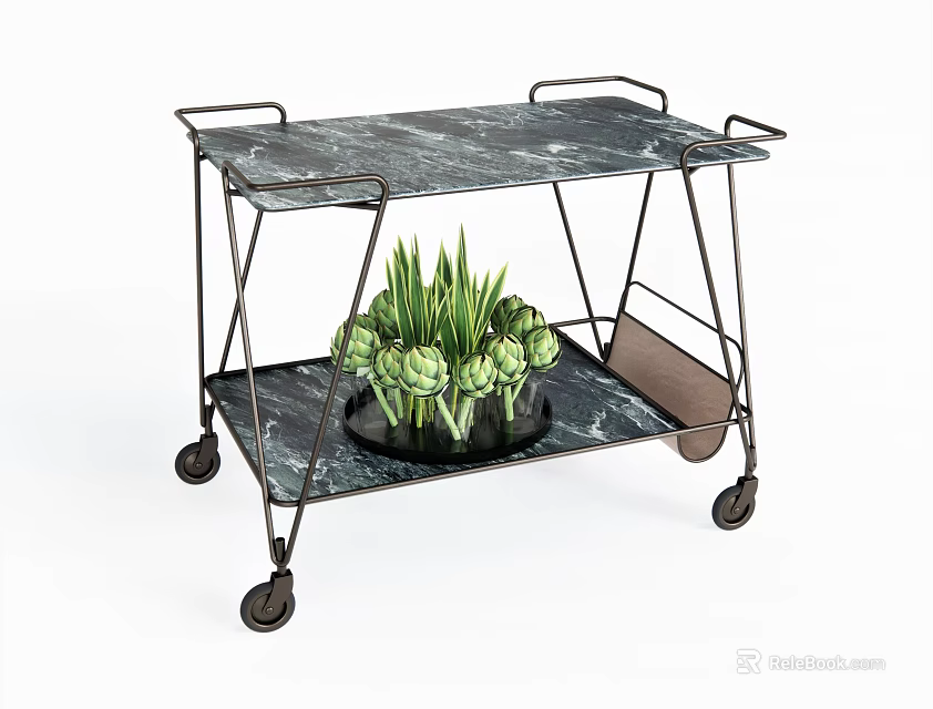 Two Tier Marble Top Trolley With Metal Frame Wheels And Green Plant 3d model 