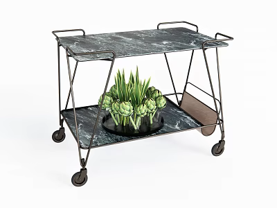 Two Tier Marble Top Trolley With Metal Frame Wheels And Green Plant 3d model