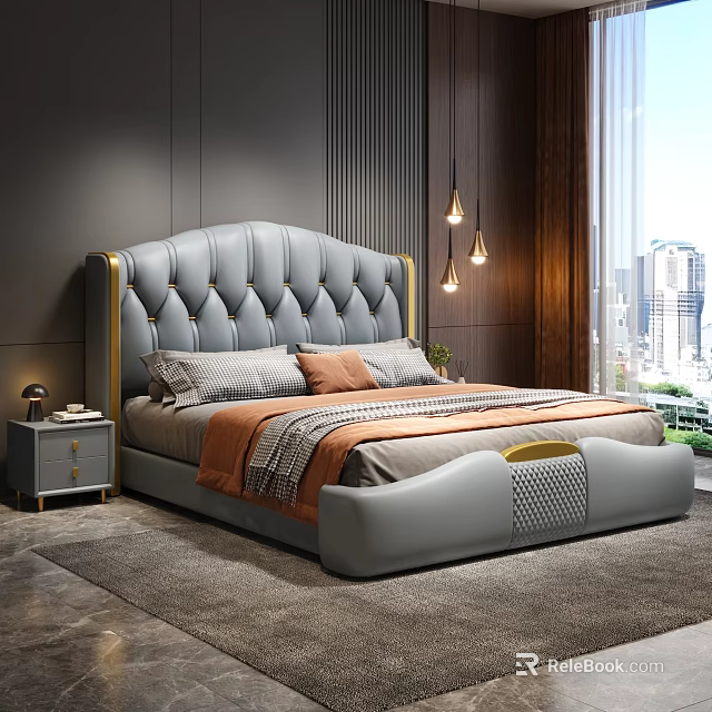 Elegant Modern Bedroom With Grey Tufted Headboard Gold Trim City View Window And Pendant Lights 3d model 